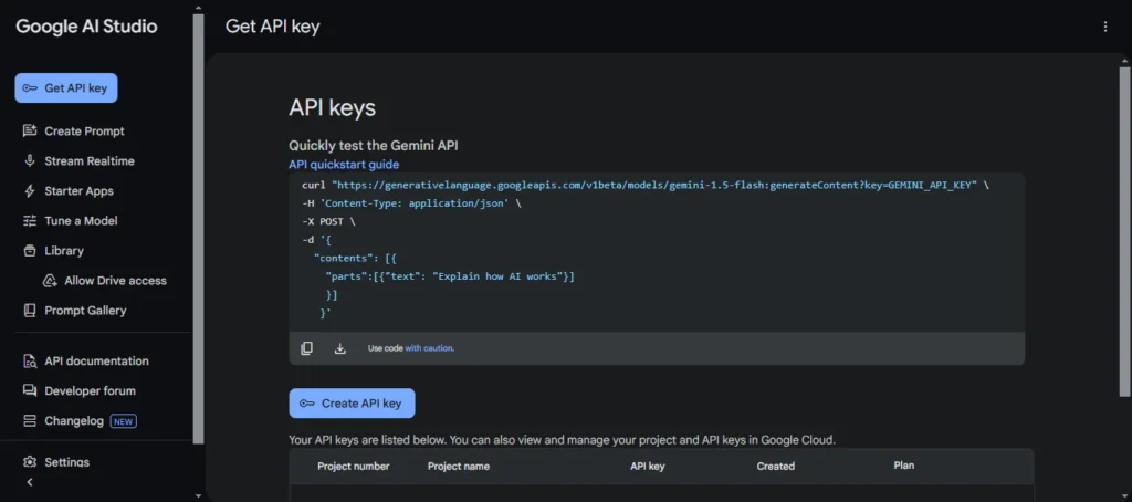 Generating API Key in Google AI Studio
