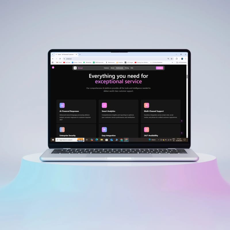 AiReal AI platform feature grid shown on a laptop, with AI-powered responses, smart analytics and multi-channel support cards