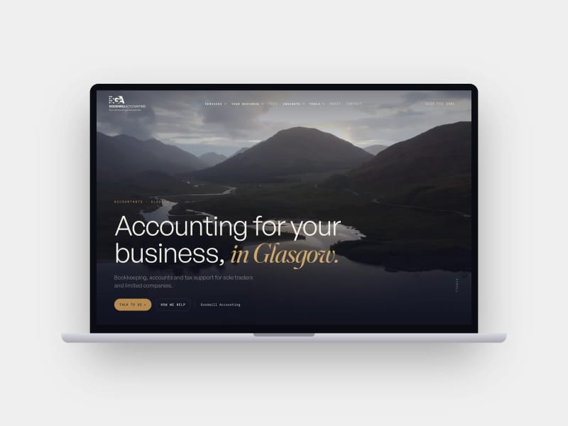Goodwill Accounting homepage with the headline Accounting for your business, in Glasgow, shown on a laptop