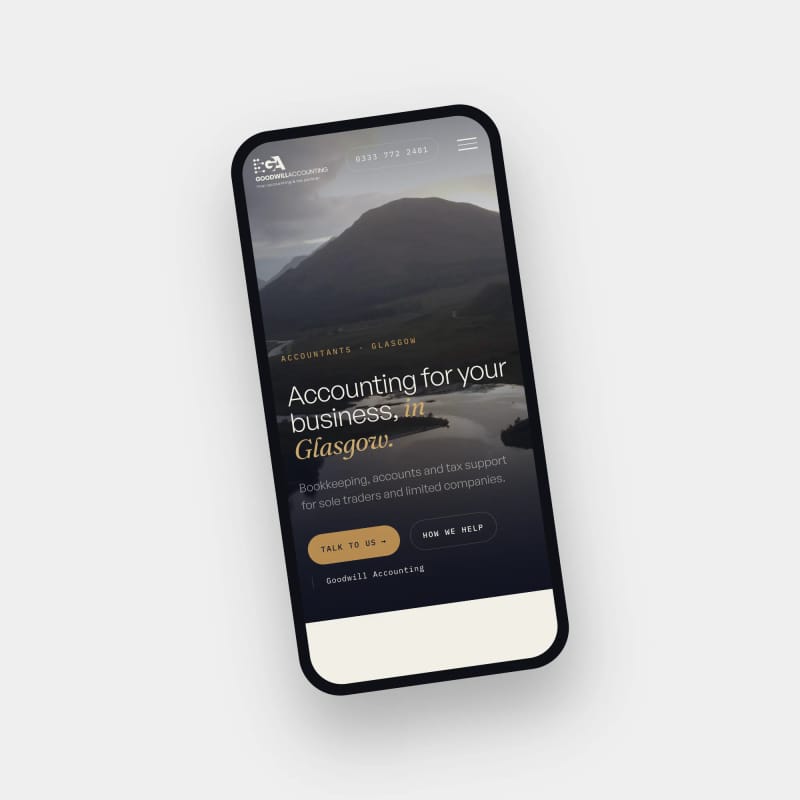 Goodwill Accounting homepage on a phone, with Talk to us and How we help buttons