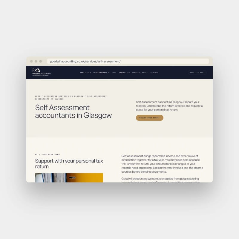 Goodwill Accounting Self Assessment accountants in Glasgow service page in a browser window