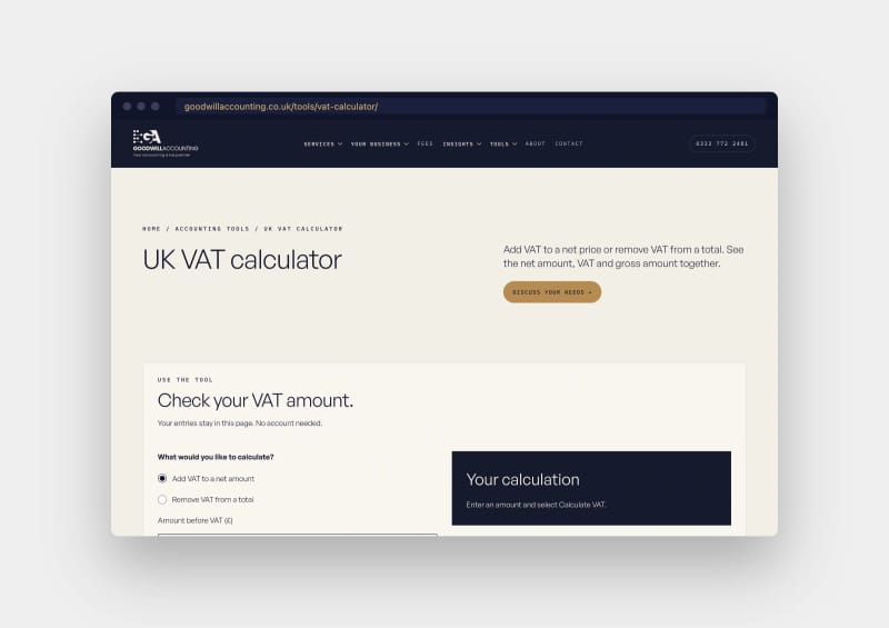 Goodwill Accounting free UK VAT calculator in a browser window