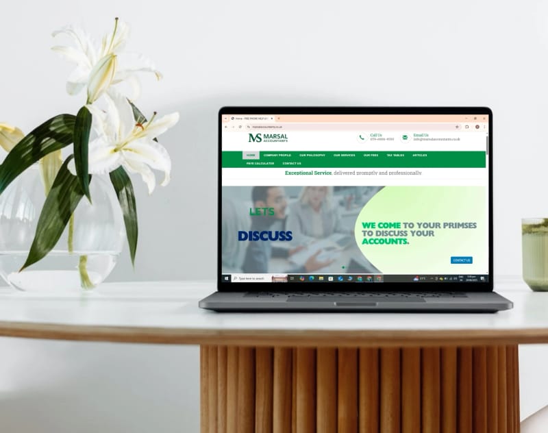 Marsal Accountants homepage redesign shown on a laptop with the brand navigation and hero banner