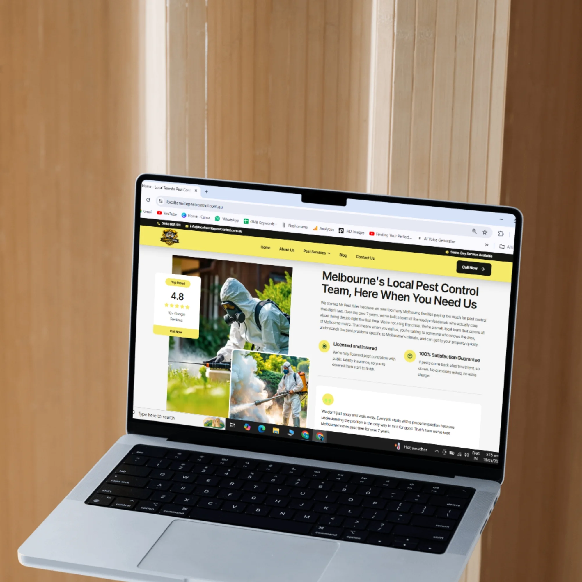 Local Termite Pest Control team section on a laptop mockup with the 4.8 star Google rating