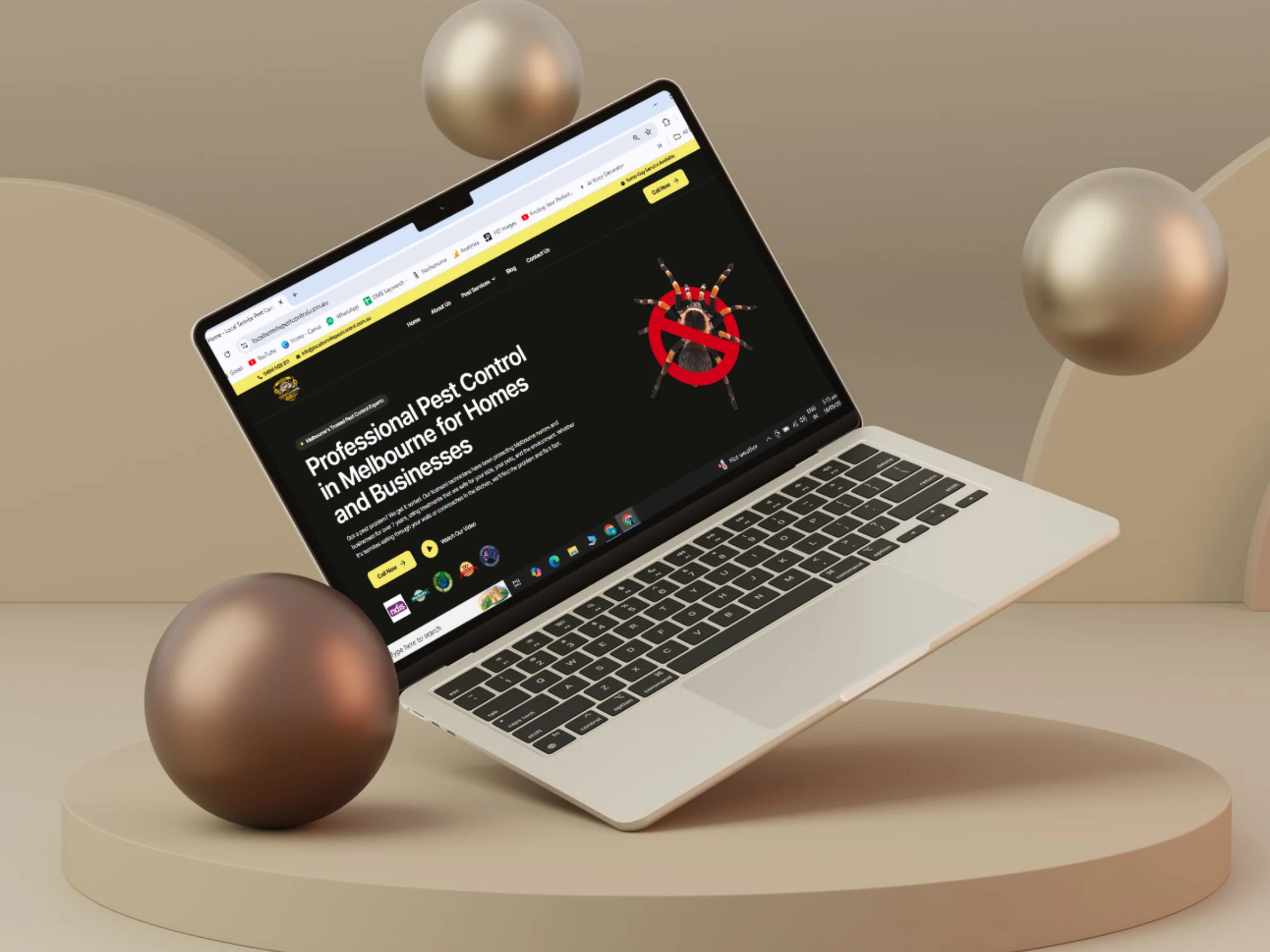 Mr Pest Killer homepage hero with Melbourne pest control headline on a laptop mockup