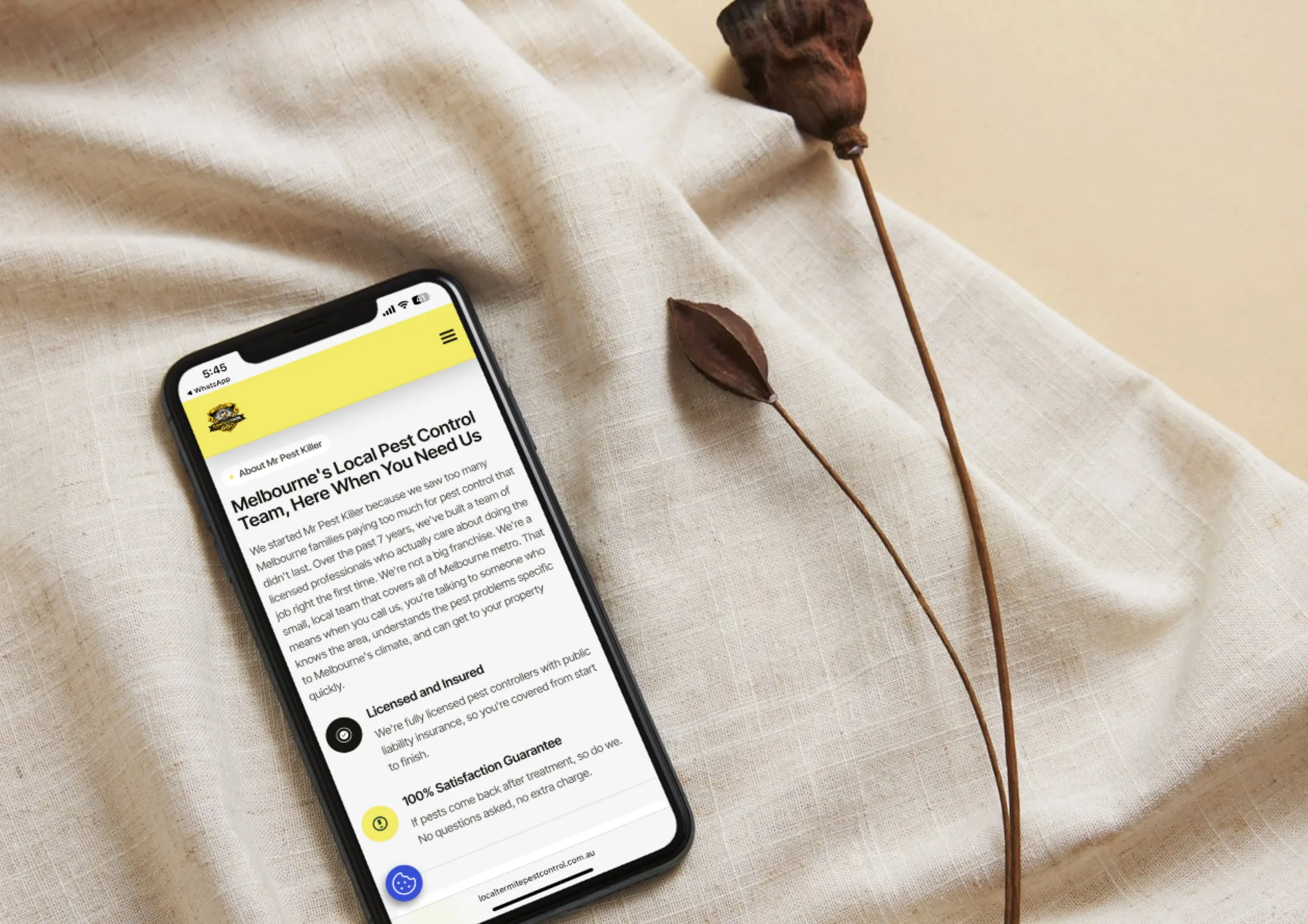 Mr Pest Killer team story and satisfaction guarantee on a phone mockup