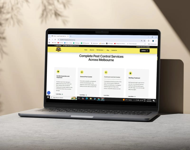 Mr Pest Killer homepage hero with Melbourne pest control headline on a laptop mockup