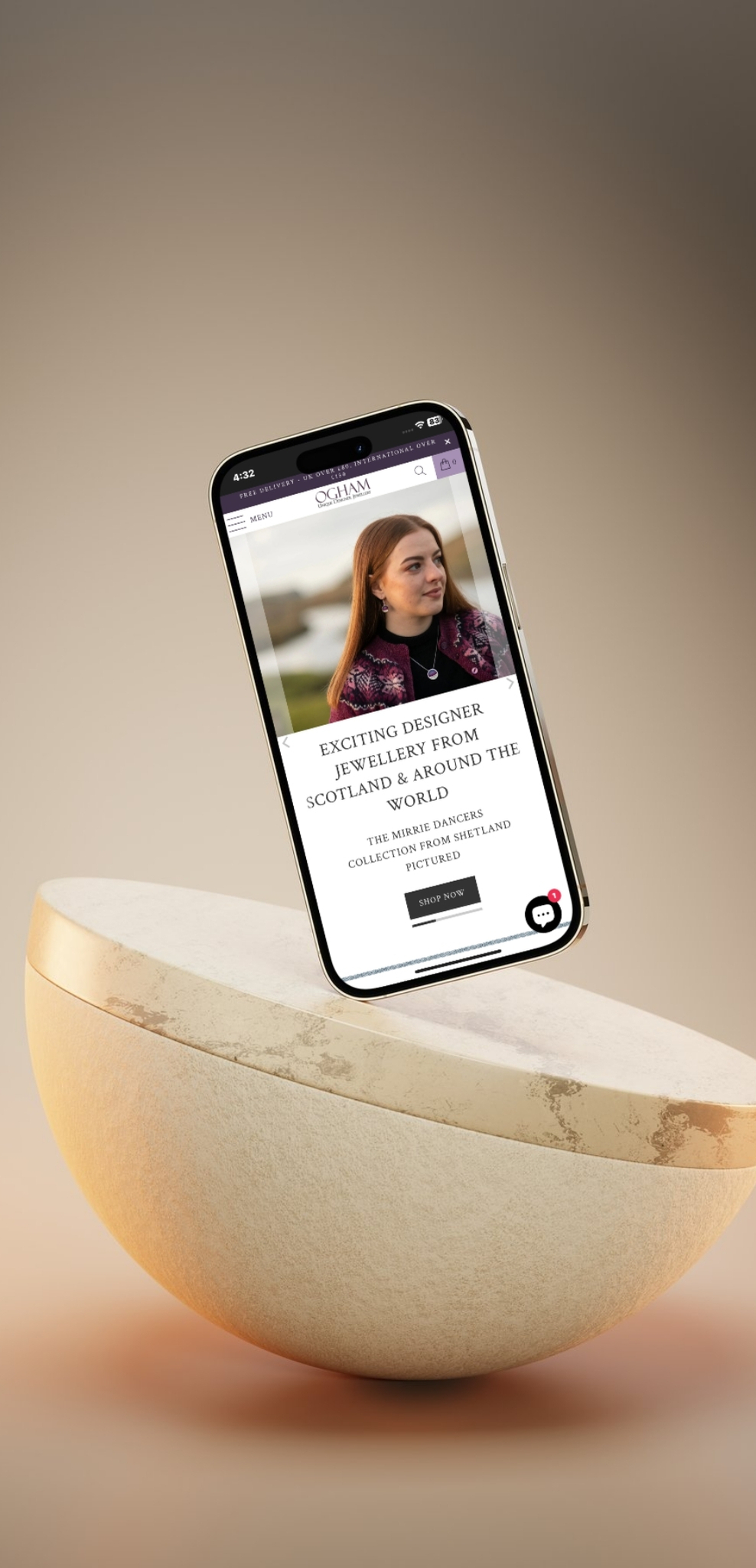 Ogham Jewellery designer-collection homepage rendered on a mobile phone mockup