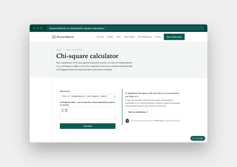 ResearchBench free chi-square calculator in a browser window