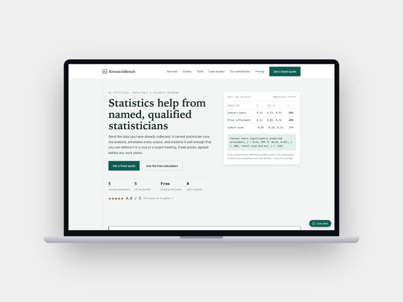 ResearchBench homepage with the headline Statistics help from named, qualified statisticians, shown on a laptop