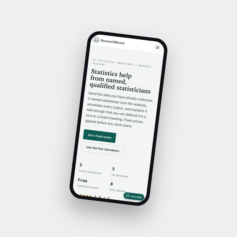 ResearchBench homepage on a phone, with Get a fixed quote and Use the free calculators buttons