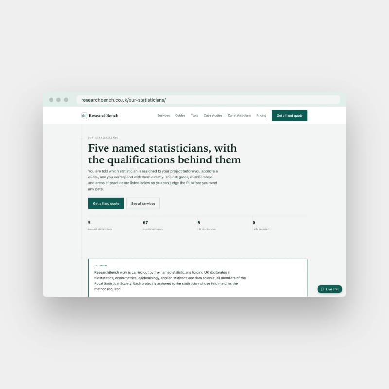 ResearchBench page introducing its five named statisticians, in a browser window