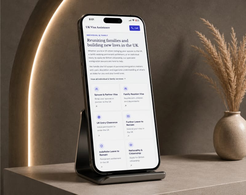 Individual and family immigration hub on a phone: spouse, family reunion, entry clearance, leave to remain and citizenship routes