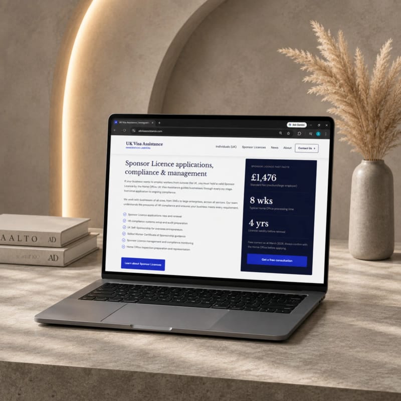 Sponsor Licence services page on a laptop with the fee fact box: £1,476 standard fee, 8 weeks processing, 4 years validity